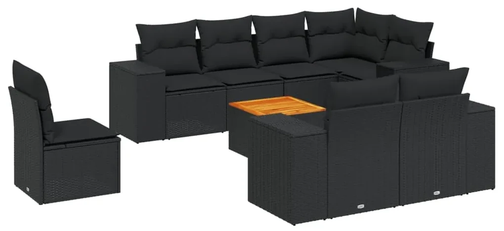 Set divani da giardino 9 pz con cuscini nero in polyrattan