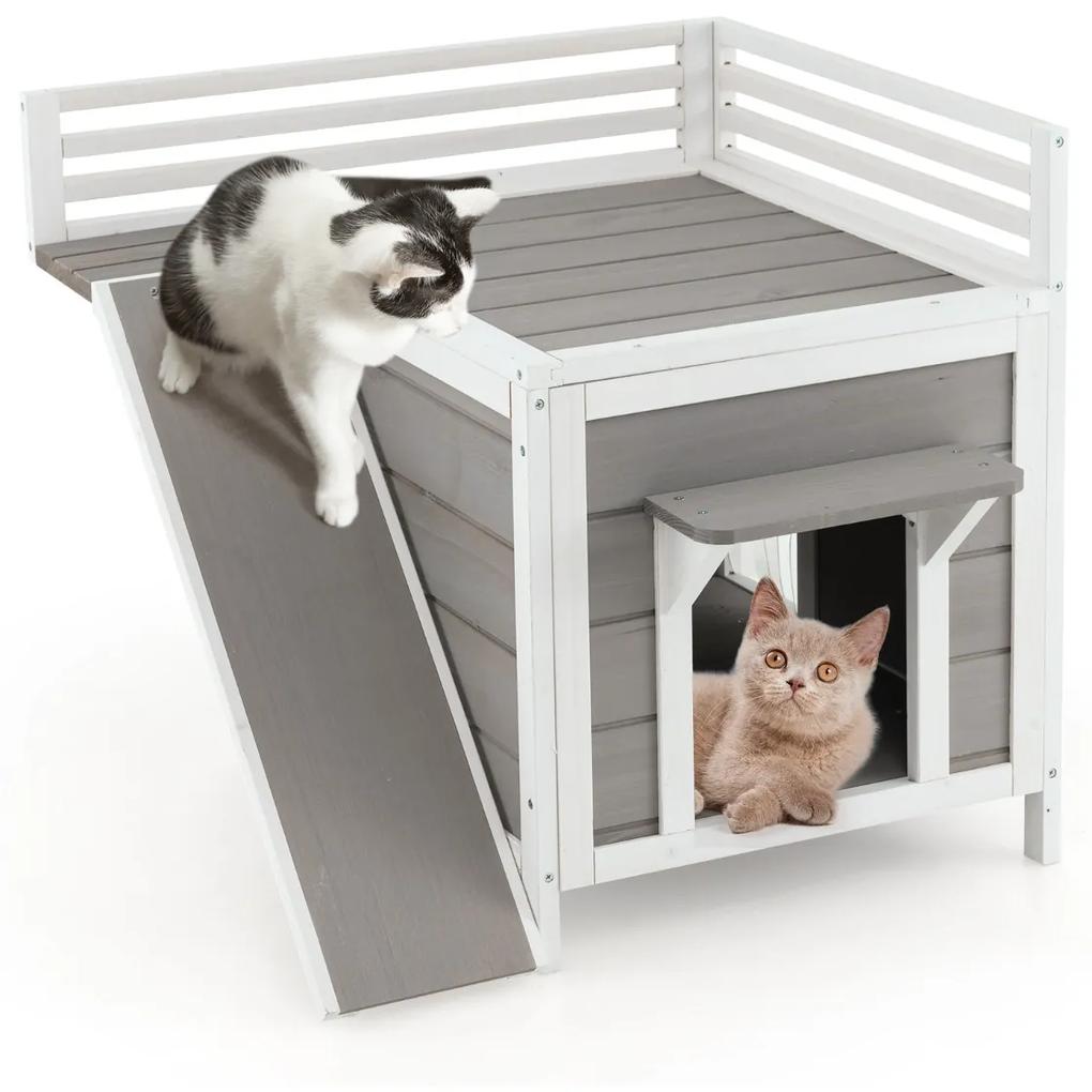Costway Cuccia per animali domestici con balcone rampa porte di fuga tende in PVC, Casetta per cani gatti a 2 piani Grigio