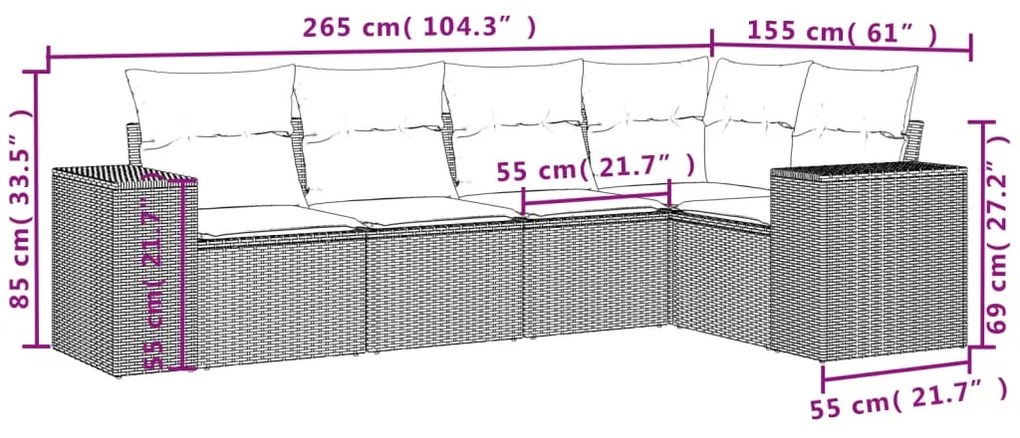 Set Divani da Giardino 5 pz con Cuscini in Polyrattan Nero