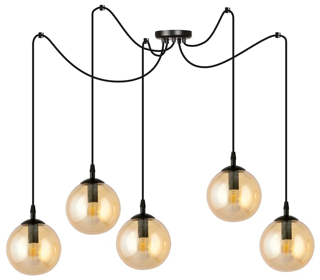 Lampadario 5 Luci Ginevra In Acciaio Nero Con Cavo Lungo E Vetri Ambra