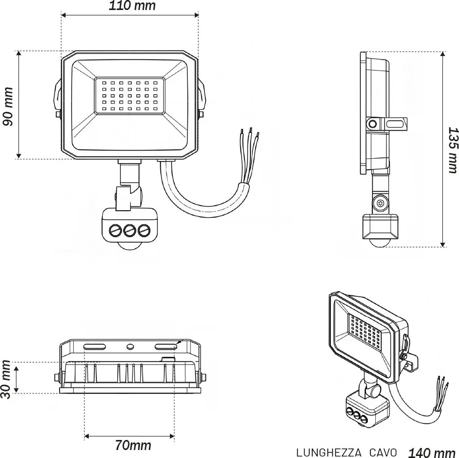 Faro LED 20W IP65 Bianco con Sensore di Movimento e OSRAM chip LED Colore Bianco Caldo 3.000K