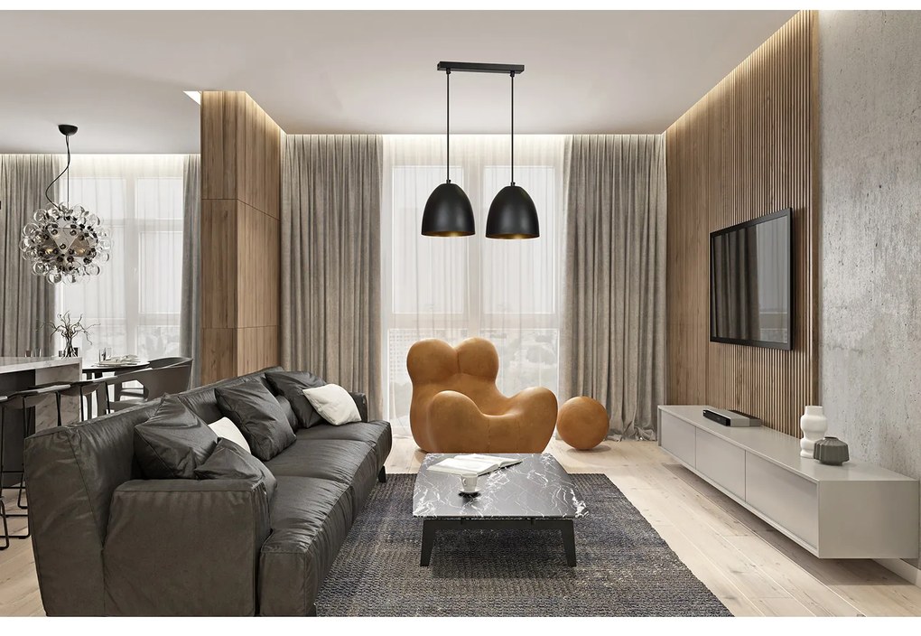 Lampadario 2 Luci Reartù In Acciaio Nero Con Cupole In Nero E Oro