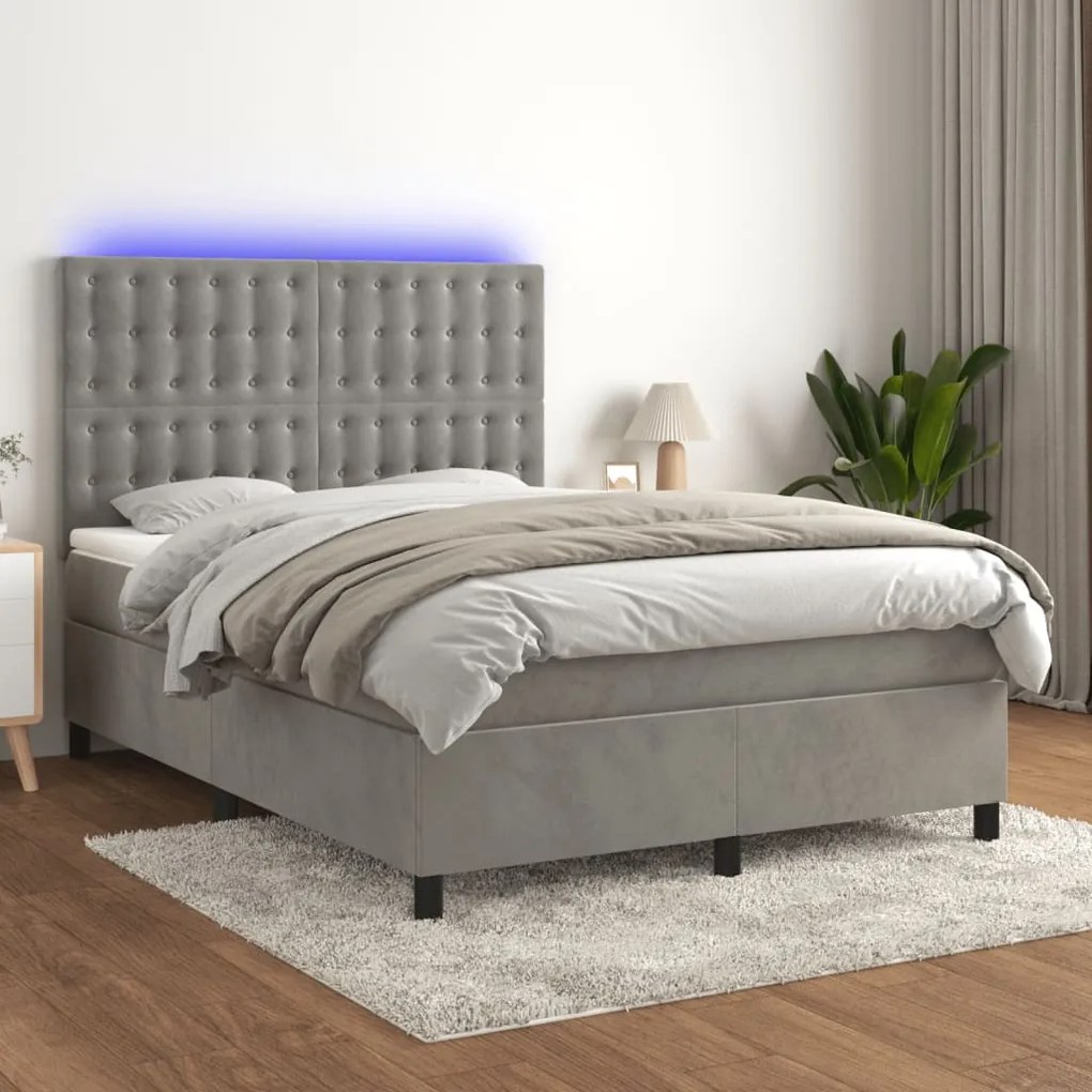 Letto a molle materasso e led grigio chiaro 140x200 cm velluto