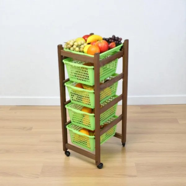Carrello portafrutta JOLLY con cesti in plastica verdi e legno Noce.