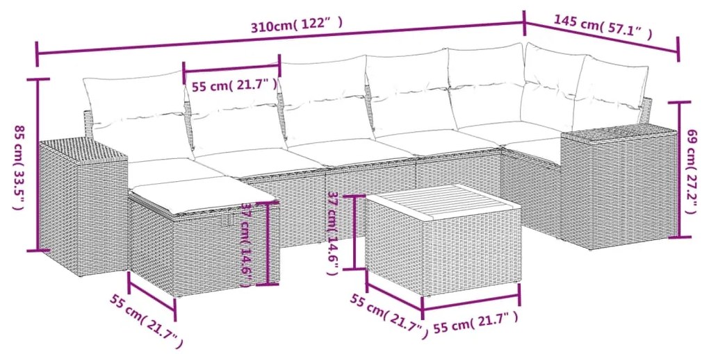 Set divano da giardino 8 pz con cuscini beige in polyrattan