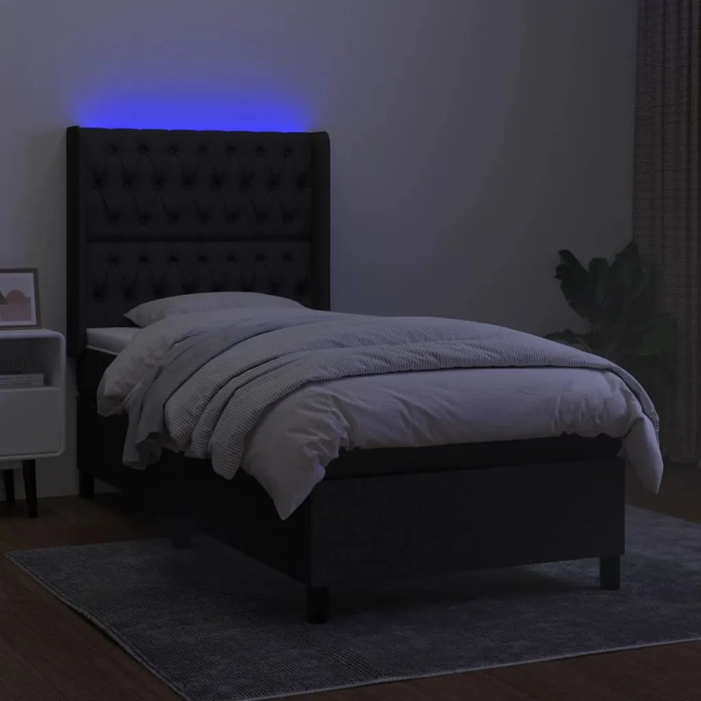 Letto a molle con materasso e led nero 80x200 cm in tessuto