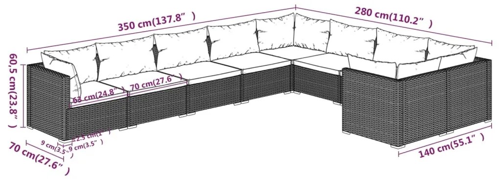 Set Divani da Giardino 9 pz con Cuscini in Polyrattan Nero