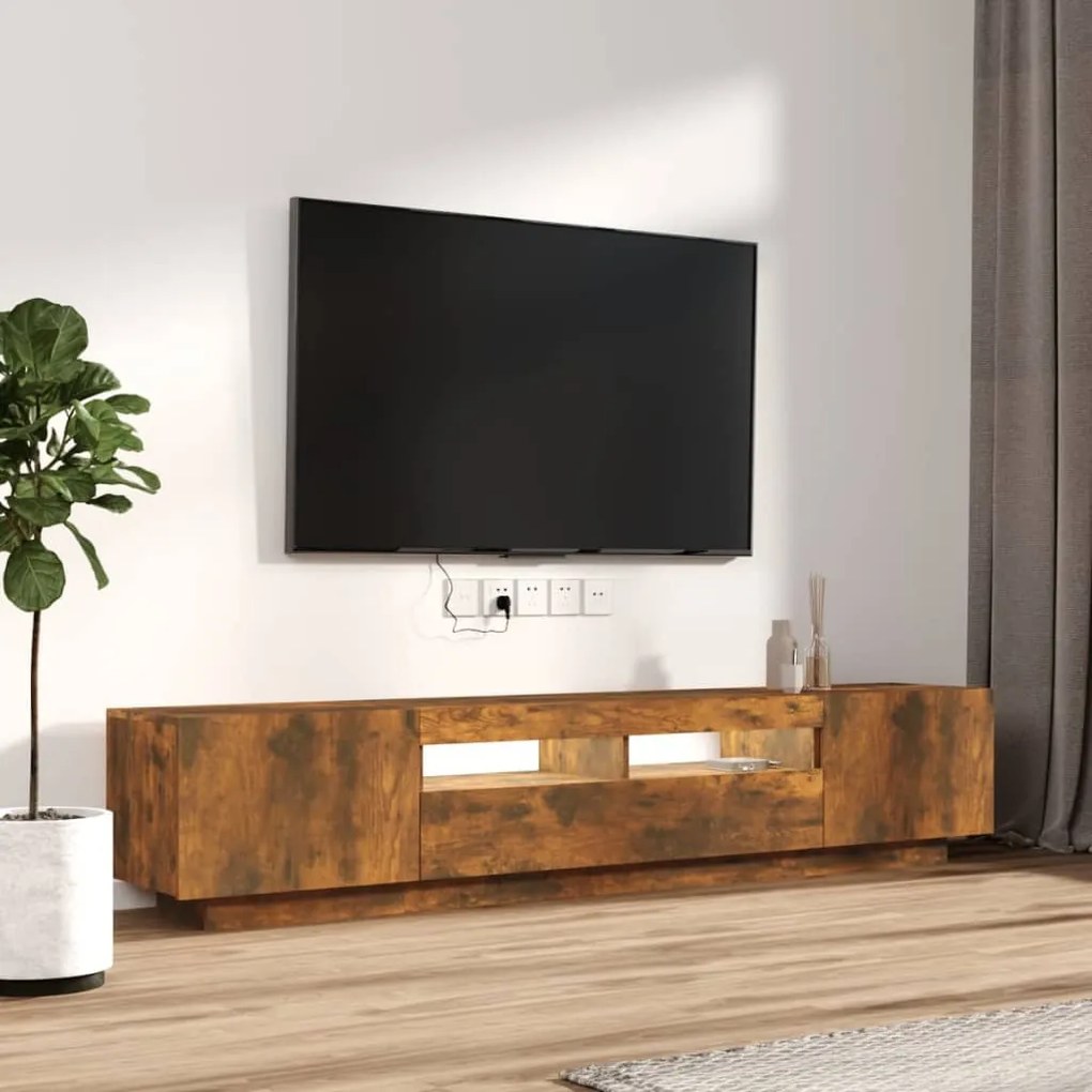 Set mobili tv 2pz con luci led rovere fumo in legno multistrato