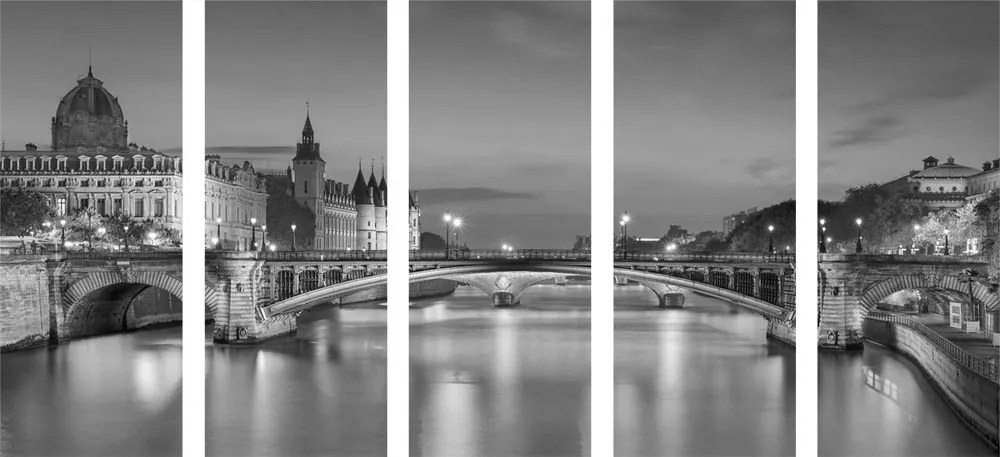 Quadri 5 pezzi – Panorama di Parigi abbagliante in bianco e nero