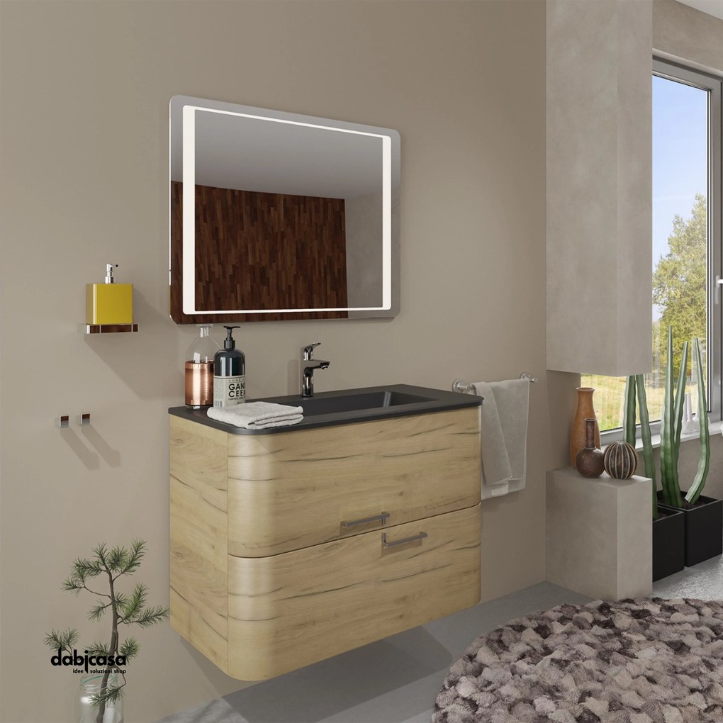 Mobile Bagno Sospeso "Boom" Da 80 Cm Composto Da Due Cassetti Finitura Nero Opaco/Rovere Oro