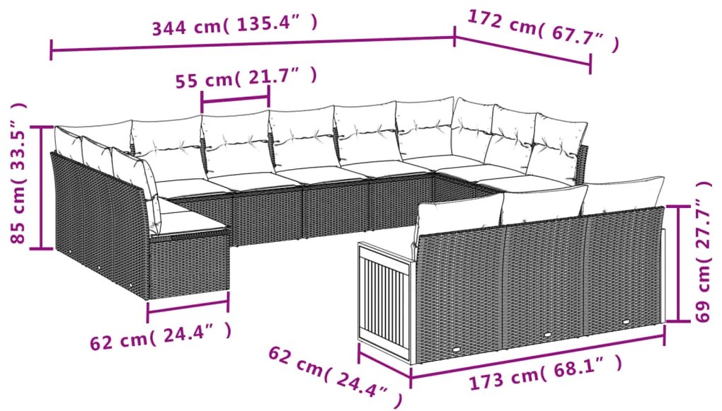 Set divano da giardino 13 pz con cuscini beige in polyrattan