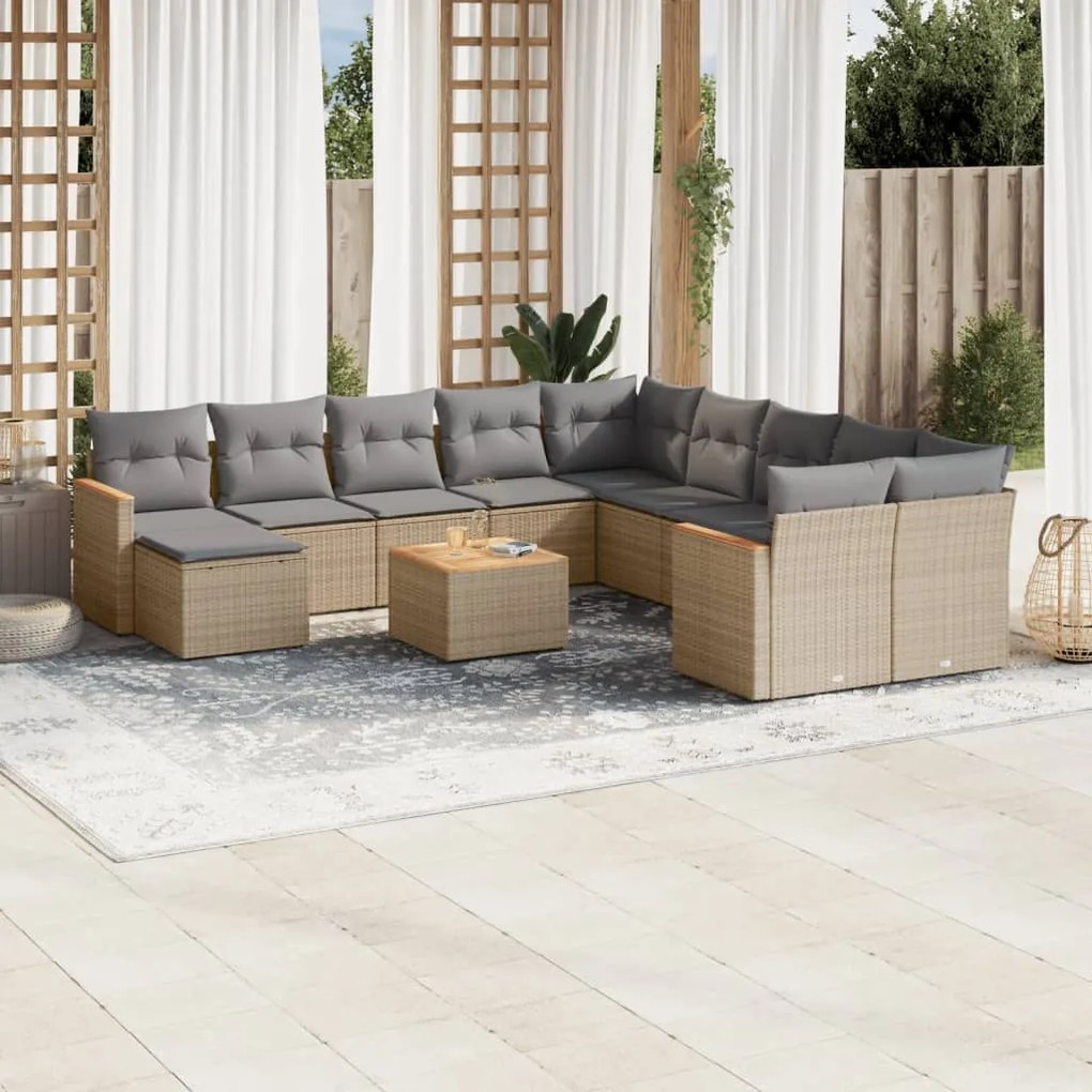 Set divani da giardino 12 pz con cuscini beige in polyrattan