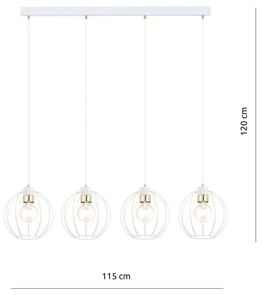 Sospensione Industrial 4 Luci Gino In Acciaio Bianco A Paralumi Gabbia Con Oro