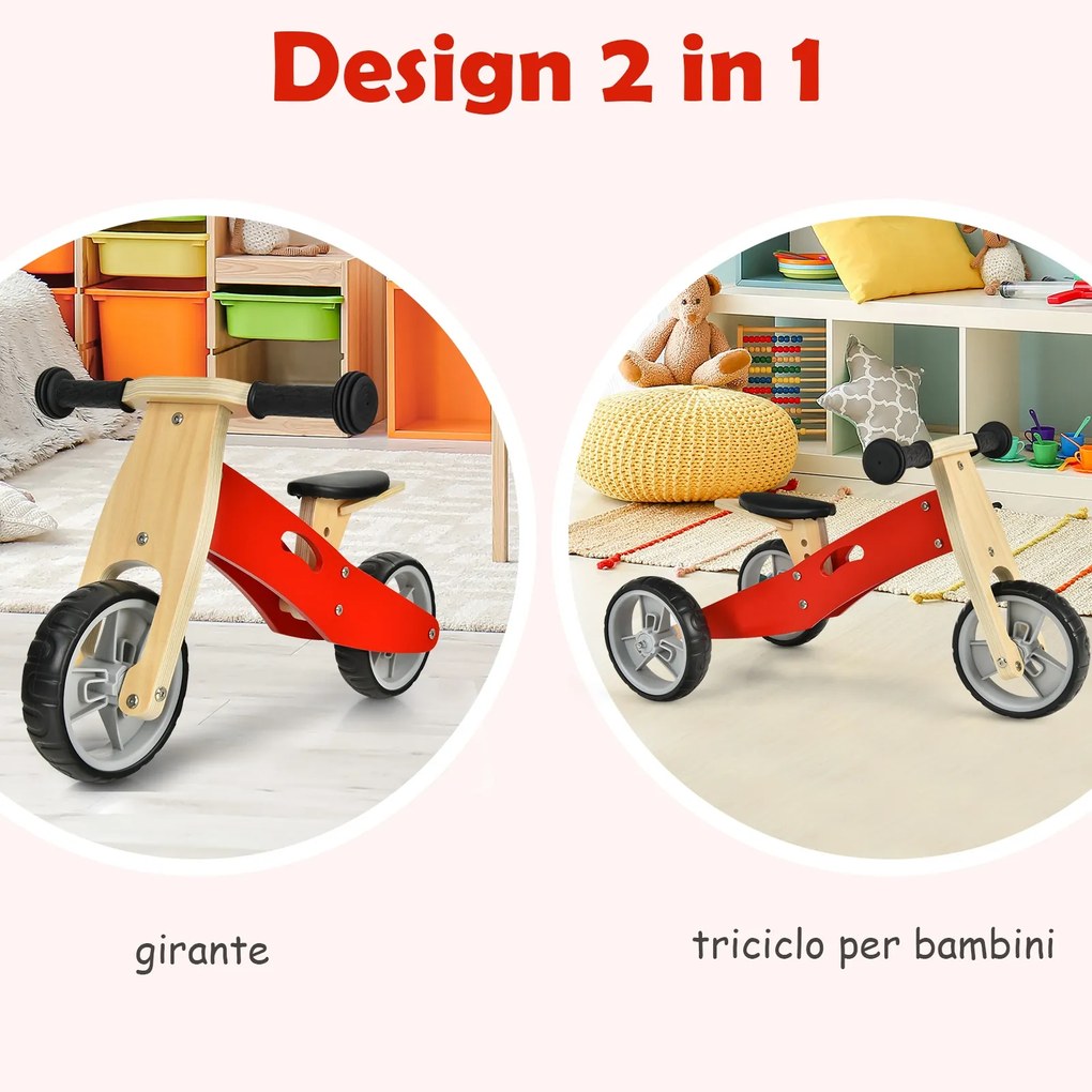 Costway Bici e triciclo equilibrio di legno 2 in 1 per bambini con sedile regolabile, Bicicletta senza pedali Rosso