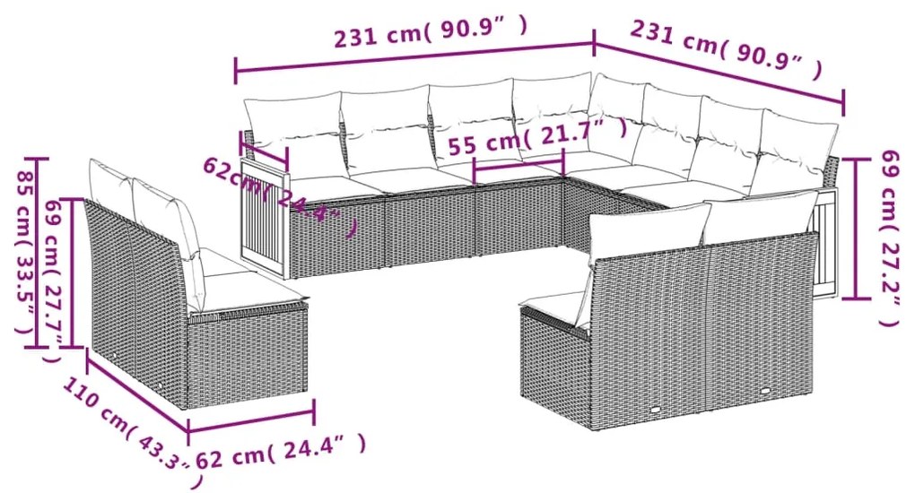 Set divani da giardino 11 pz con cuscini in polyrattan grigio