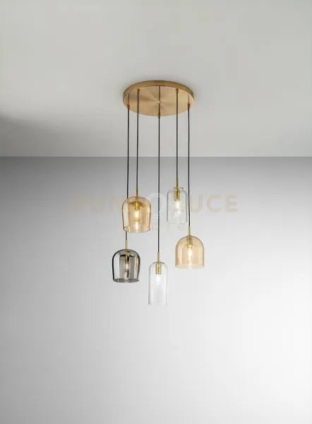 Sospensione in vetro 5 luci coro (2 trasparente, 2 ambra specchiato...