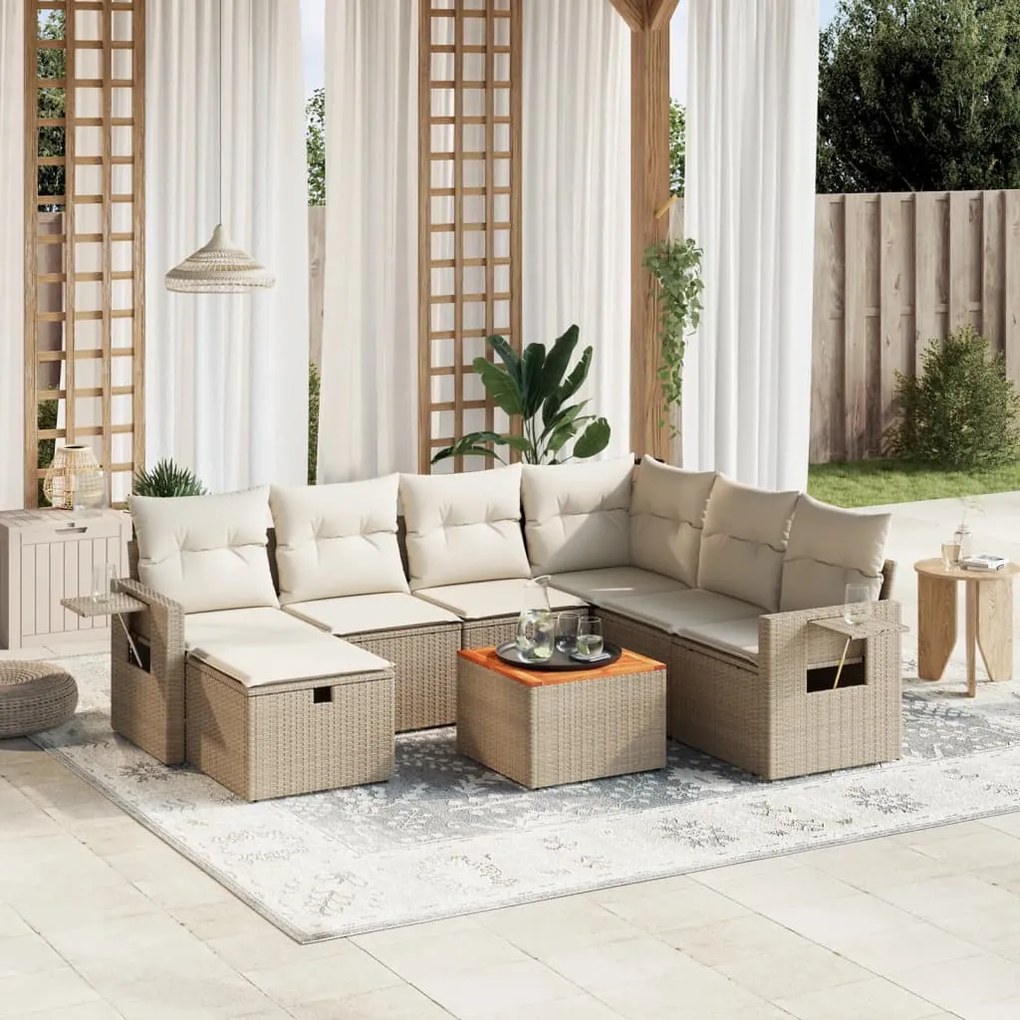 Set Divano da Giardino 8 pz con Cuscini Beige in Polyrattan