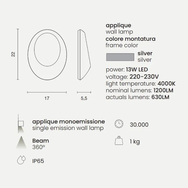 Applique 17x5 cm SHELL in alluminio Silver