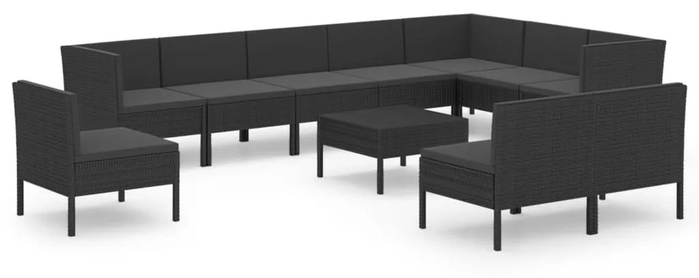 Set divani da giardino 11 pz con cuscini in polyrattan nero