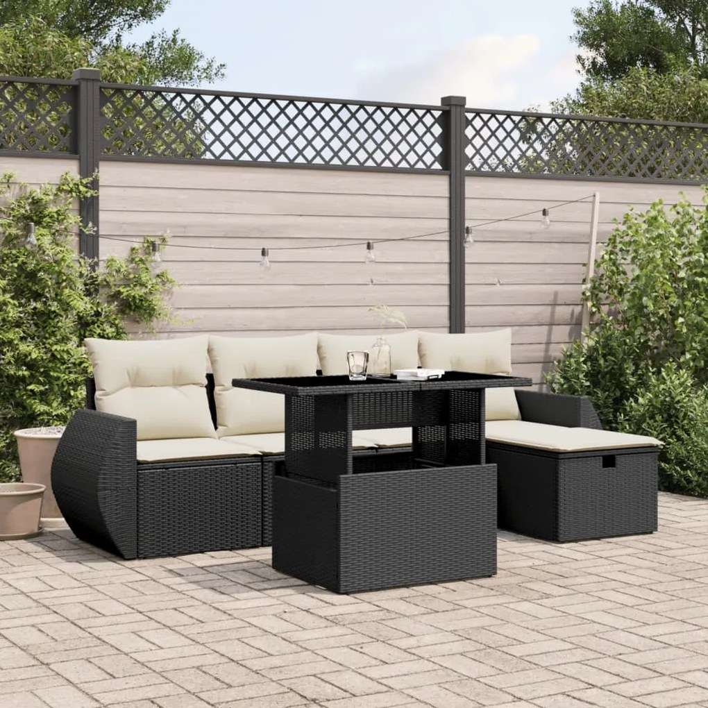 Set divano da giardino 6 pz con cuscini nero in polyrattan