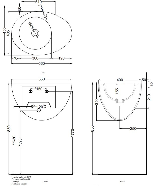 Cielo Le Giare lavabo sospeso 56x45 monoforo con troppopieno in ceramica lavagna