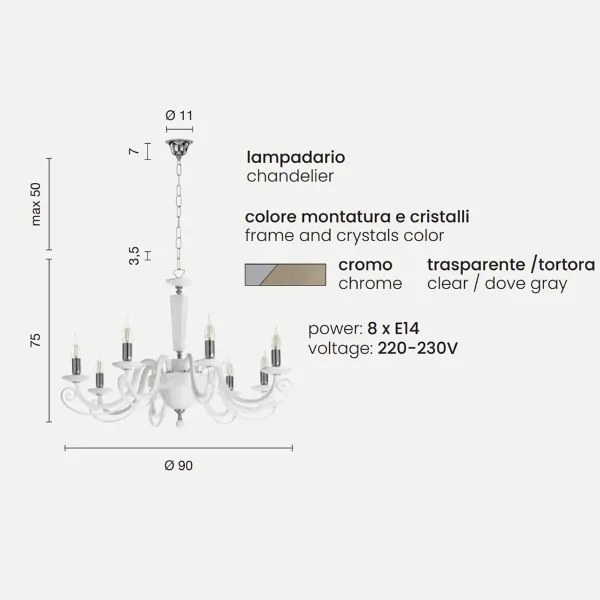 Lampada a sospensione CHERUBINI in vetro e cristallo ottico 8 luci TORTORA