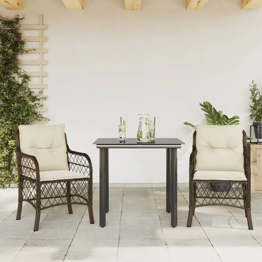 Set bistrò 3 pz con cuscini marrone in polyrattan