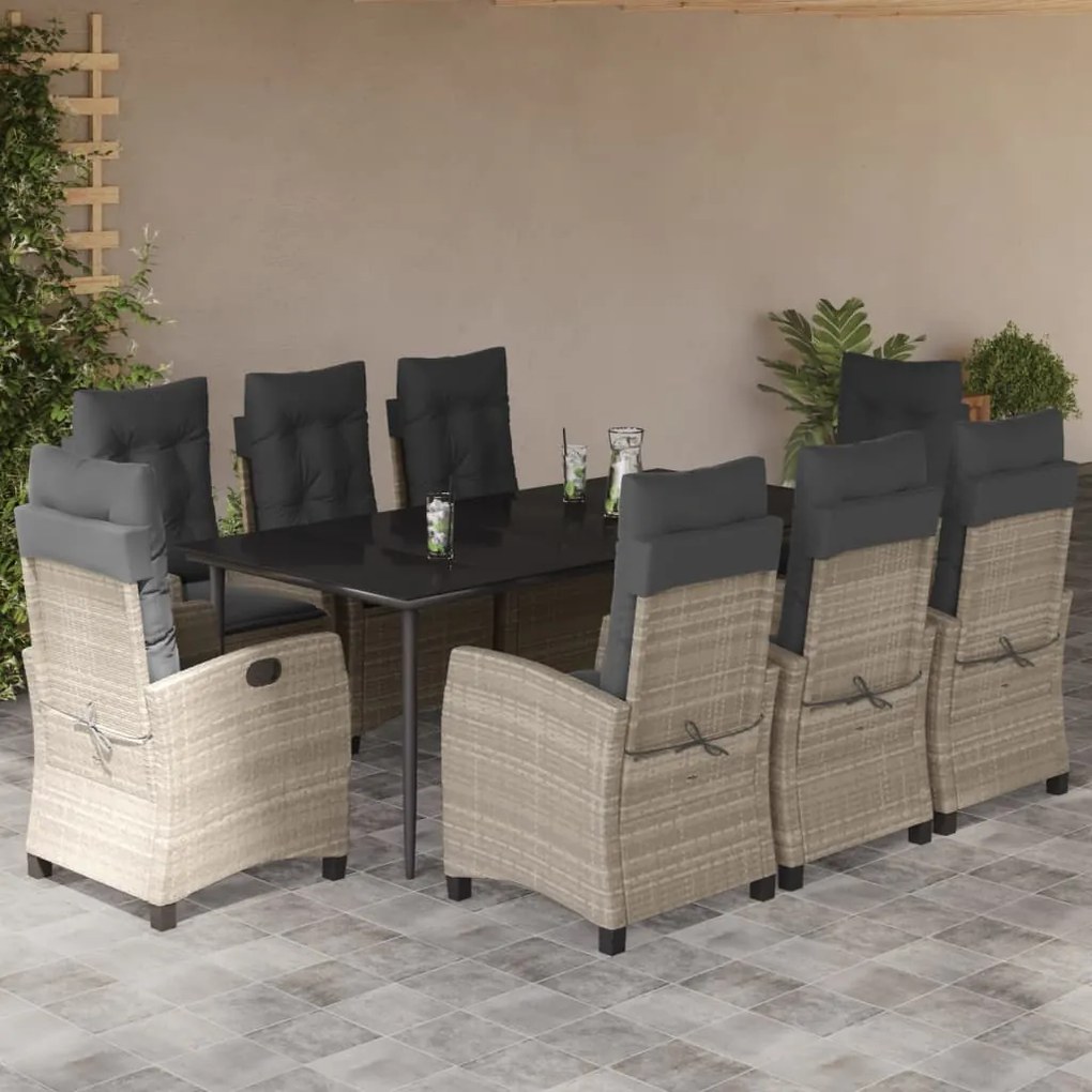 Set pranzo da giardino 9pz con cuscini grigio chiaro polyrattan