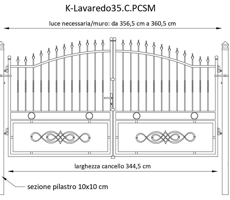 Cancello Lavaredo in ferro, apertura centrale, L 358.5 x 189.5 cm, di colore ruggine