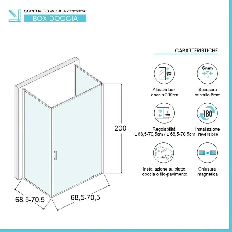 Box doccia 70x70x70 cm con porta a battente trasparente H 200 cm Ted