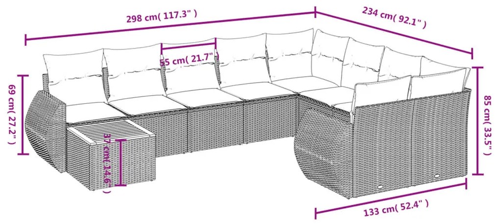 Set Divani da Giardino 10pz con Cuscini in Polyrattan Nero