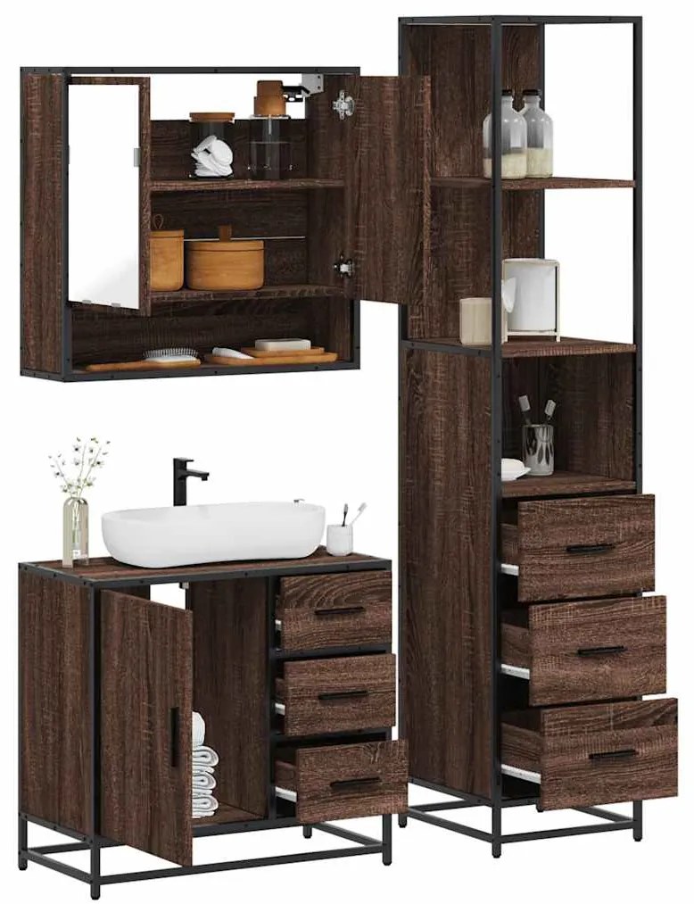 Set Mobili Da Bagno 3 Pz Rovere Marrone İn Legno Multistrato /