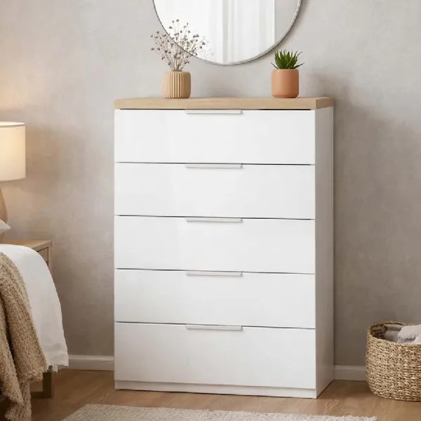 Cassettiera SELDIR 69x102h cm 5 Cassetti in Legno Bianco e Rovere