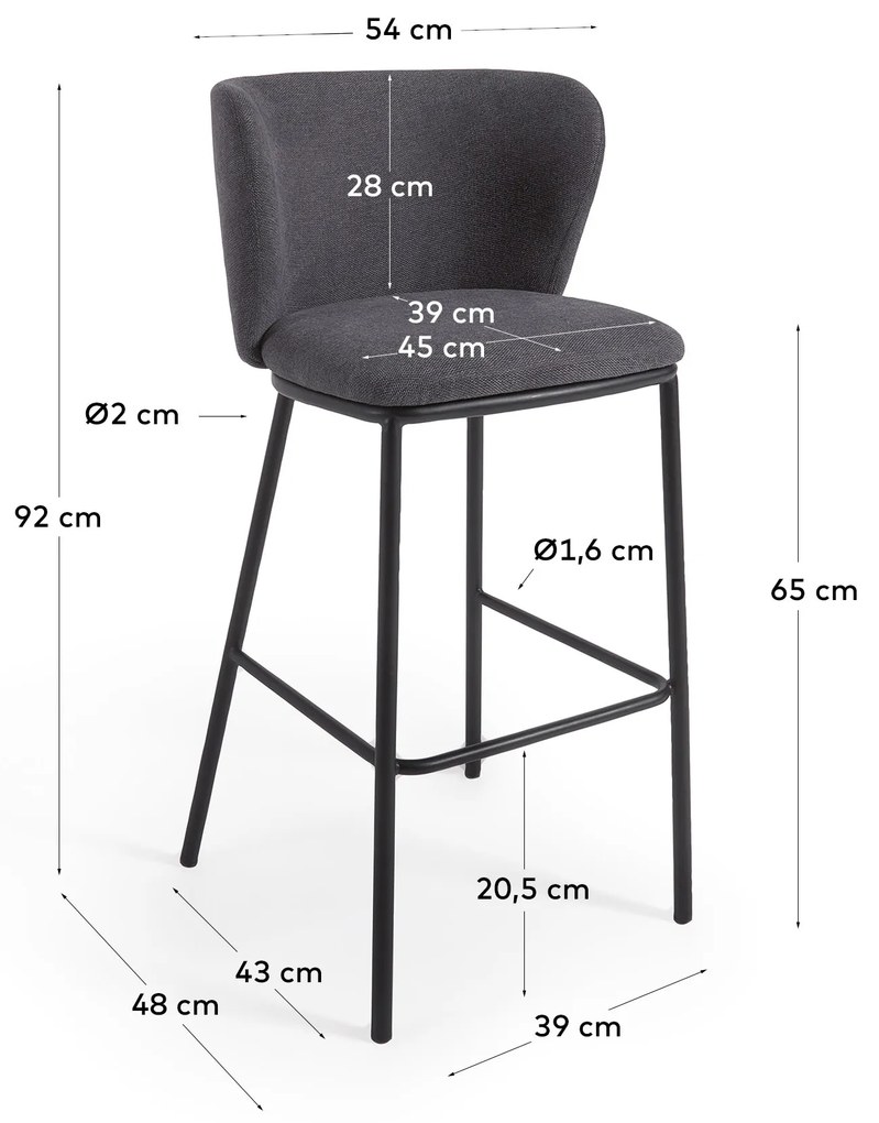 Kave Home - Sgabello Ciselia in ciniglia grigio scuro e gambe acciaio nero altezza 65 cm FSC Mix Credi