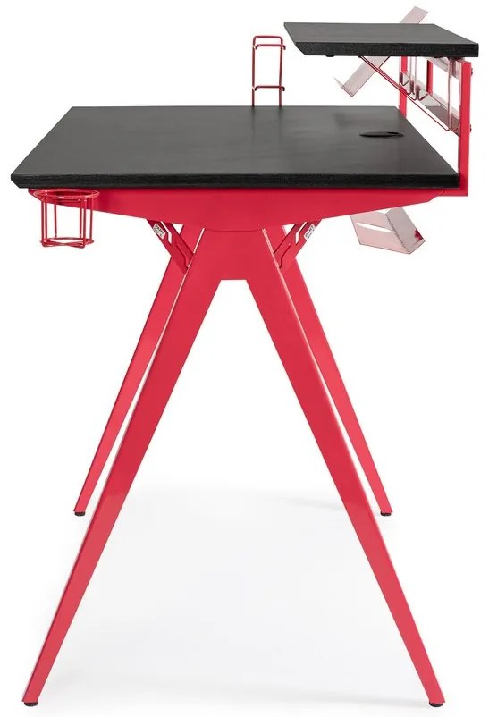 Scrivania GAMING in legno e pvc nero con base acciaio rosso, 135,5 x 60 cm