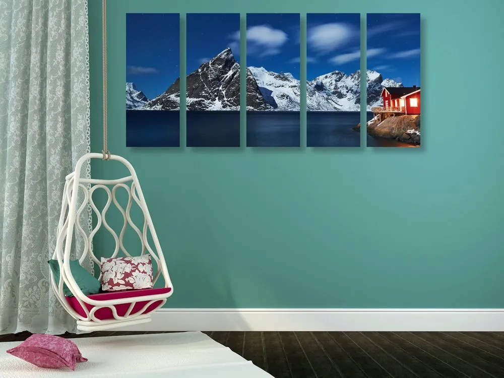 Quadri 5 pezzi – Paesaggio notturno in Norvegia