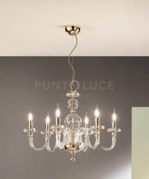 Lampadario bach 6 luci cristallo e finitura oro attacco e14