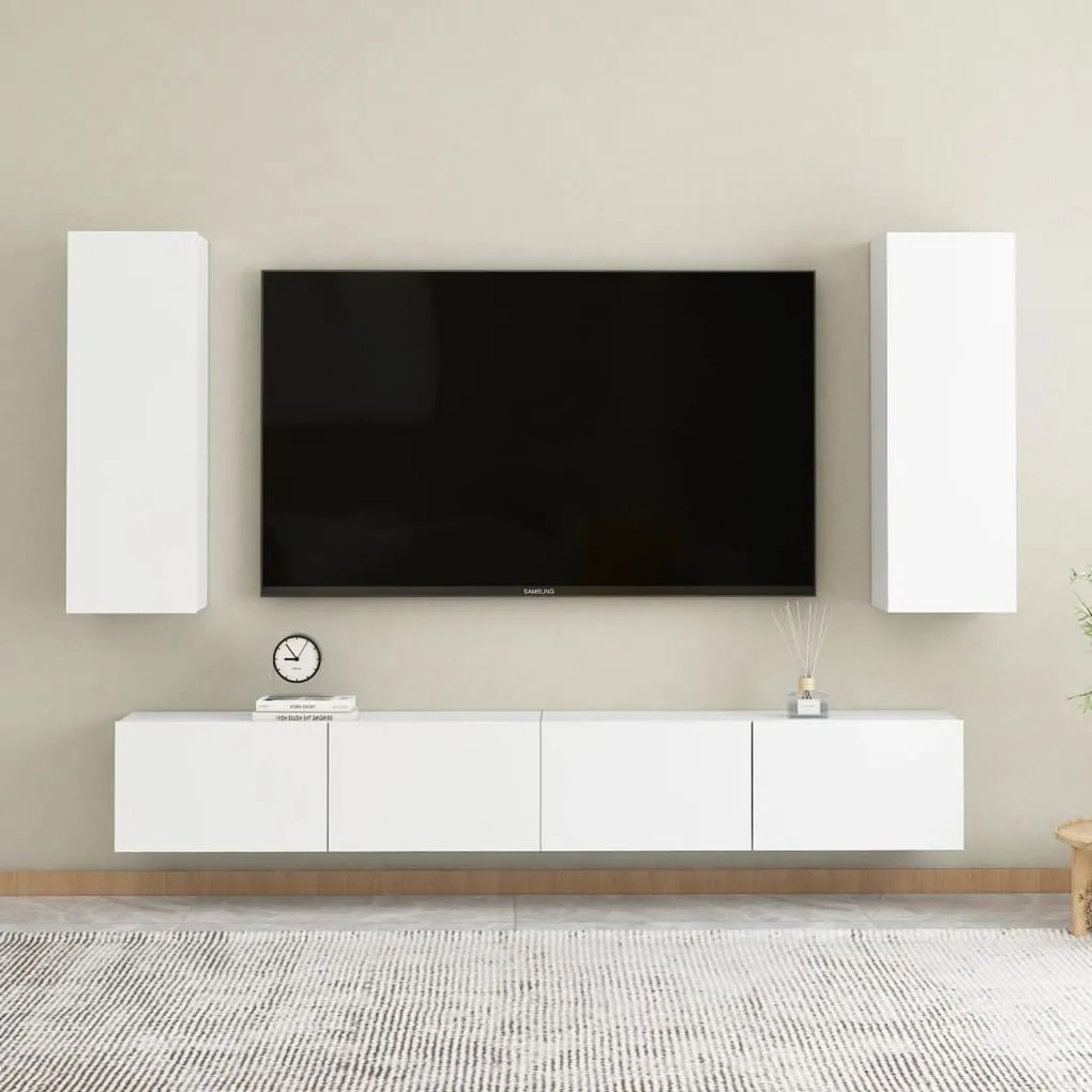 Set Mobili Porta Tv 4 Pz Bianco İn Legno Multistrato /