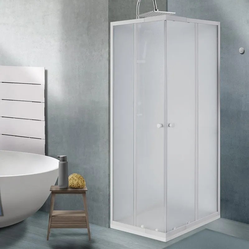 Box doccia angolare con porta scorrevole, vetro smerigliato 4 mm, L 70-80 cm x L 80 cm, H 185 cm, bianco Plumin 2.0