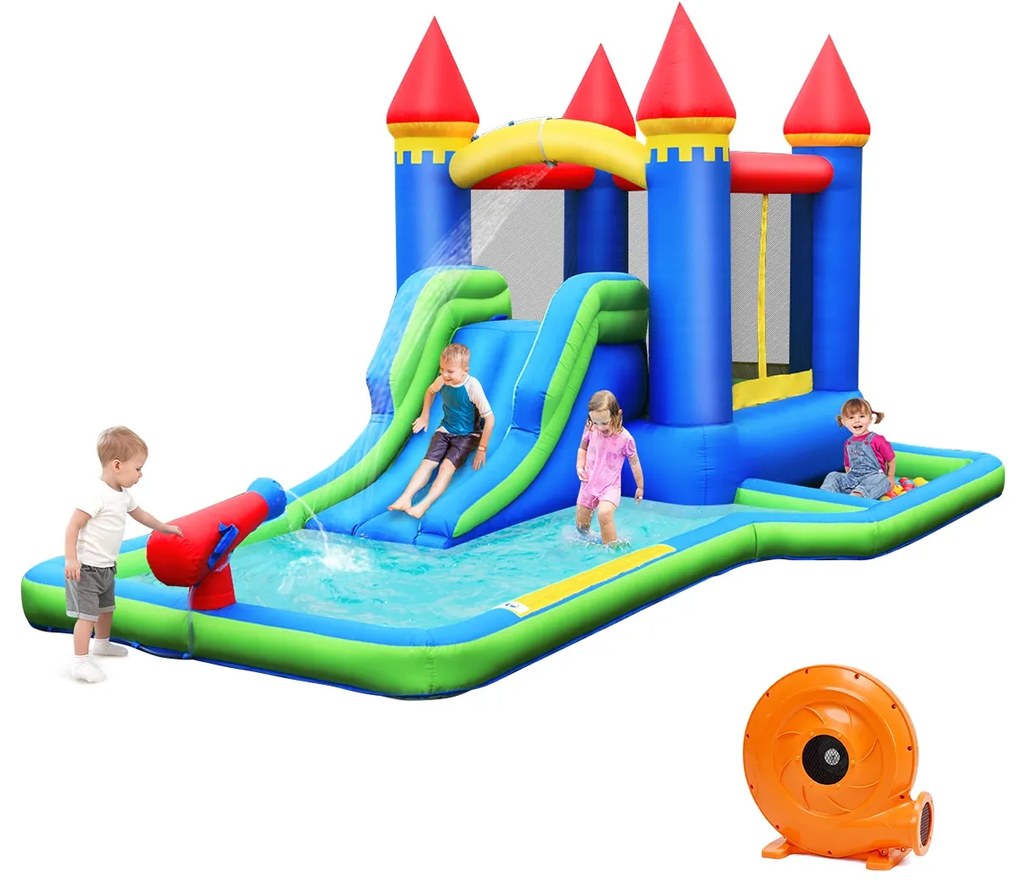 Costway Parco acquatico gonfiabile con compressore per l’uso bagnato e asciutto, Scivolo acquatico gonfiabile con piscina