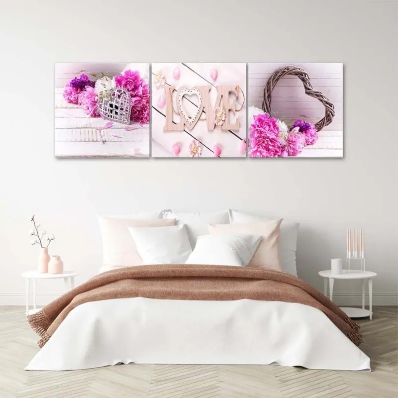 Quadri Quadro Multipannello Fiore rosa iscrizione LOVE  Dimensioni 150x50