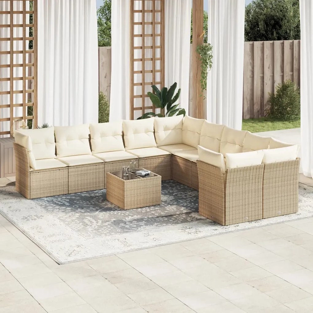 Set divani da giardino 11 pz con cuscini beige in polyrattan