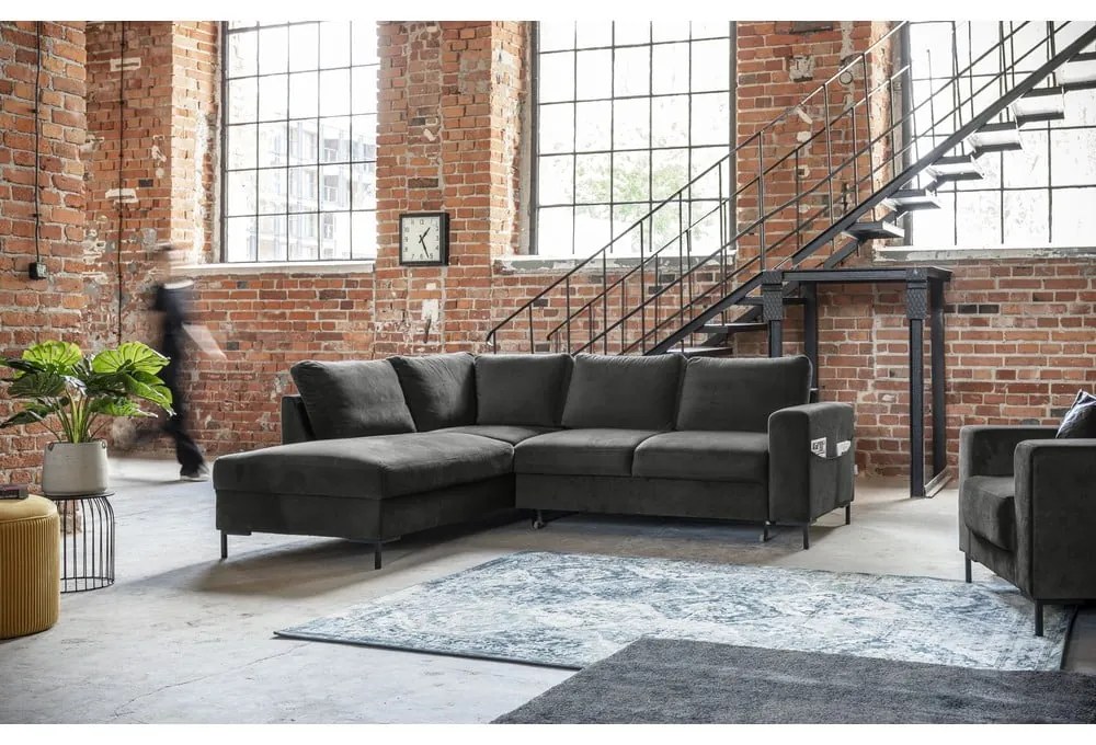 Divano letto angolare in velluto grigio scuro (angolo sinistro) Lofty Lilly - Miuform
