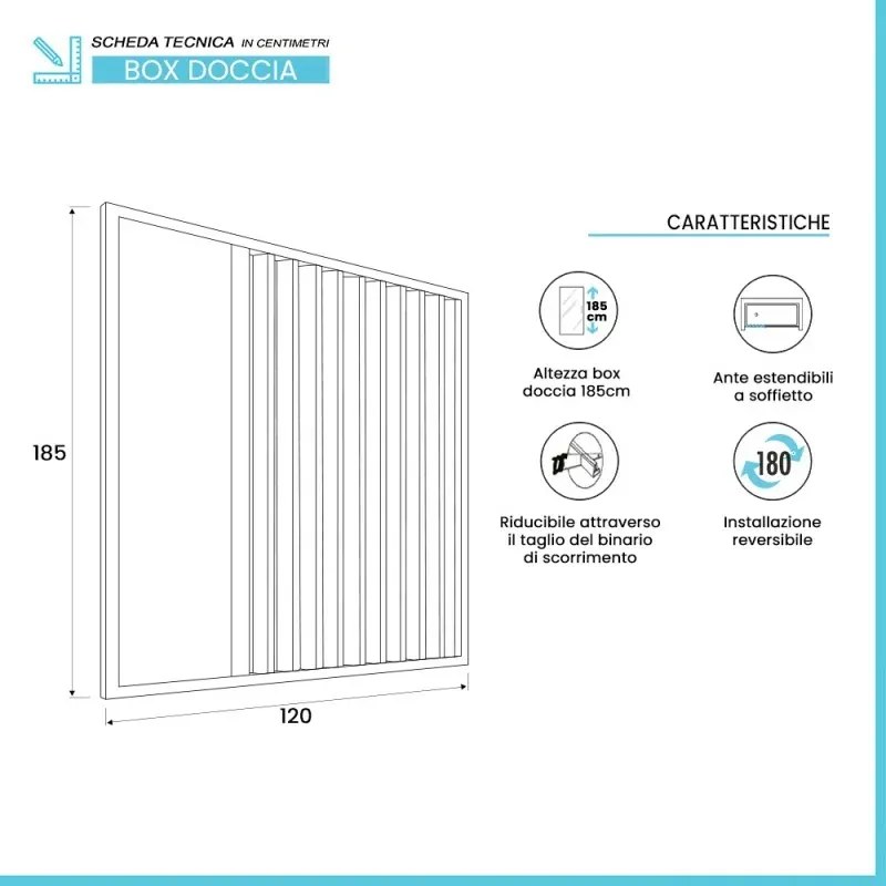 Box doccia nicchia 120cm con anta ad apertura laterale a soffietto in PVC Teti