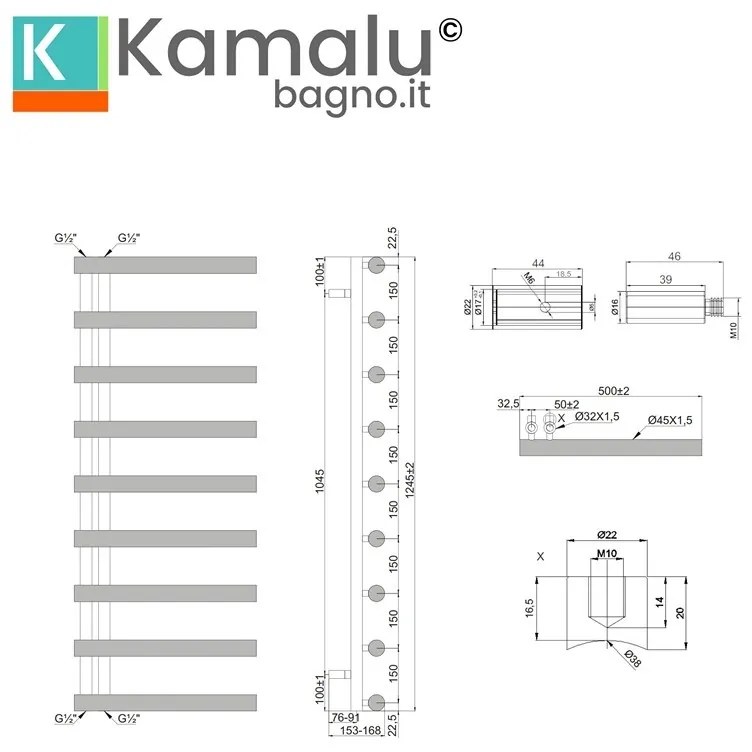 Kamalu - termoarredo scaldasalviette 1245x500mm interasse 50mm kam-d2009