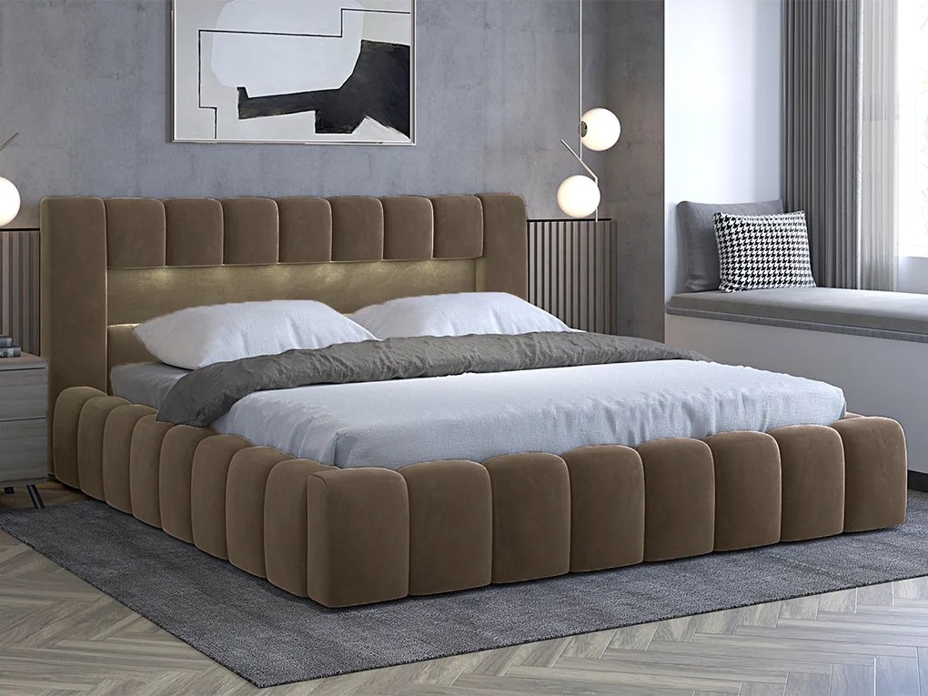 Letto matrimoniale con box contenitore Santander - 160 x 200 cm , Tessuto nocciola chiaro