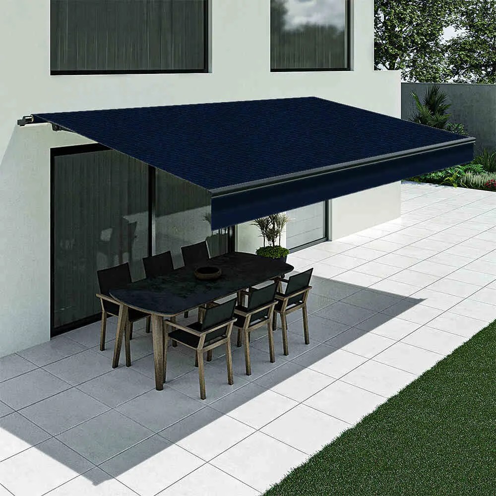 Tenda da sole blu scuro con mantovana dritta, modello Basic senza cassonetto, 2400 x 1500 mm, con manovella, configurazione individuale