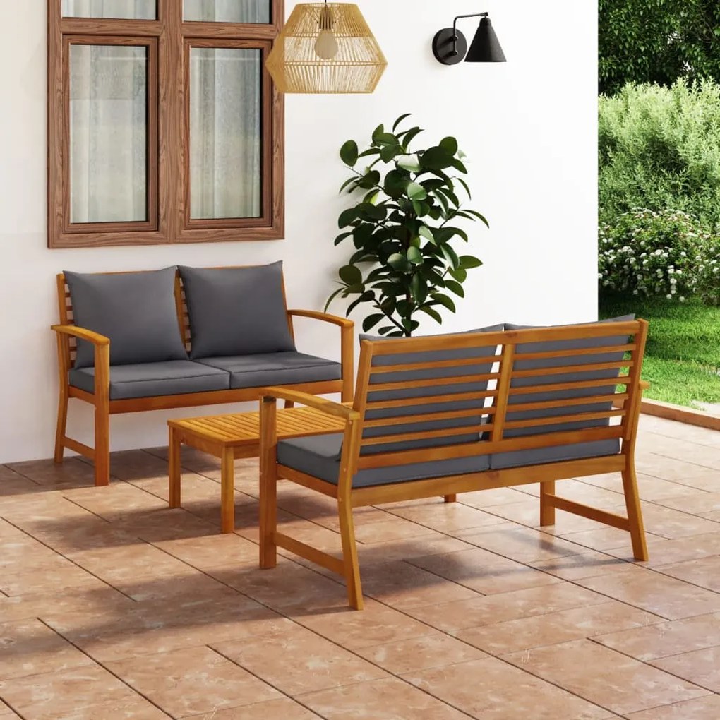 Set divani da giardino 3 pz con cuscini in massello di acacia