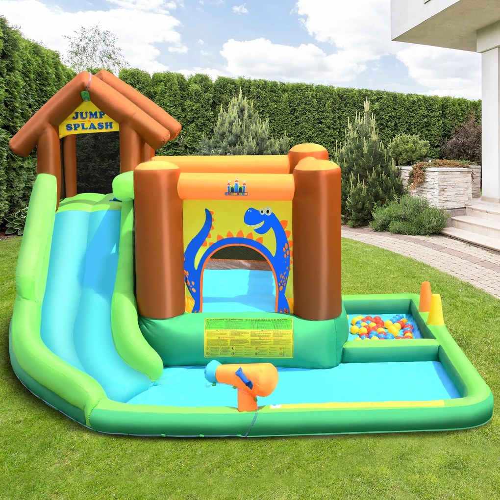 Costway Parco acquatico gonfiabile con scivolo e compressore, Scivolo gonfiabile con piscina per interno ed esterno