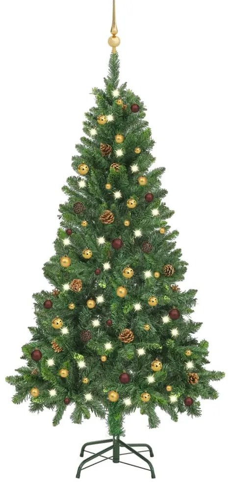 Albero di Natale Preilluminato con Palline Verde, Albero di Natale Preilluminato con Palline Verde 150 cm